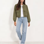 Olive Utility Bomber Jacket Cropped with Flap Pockets