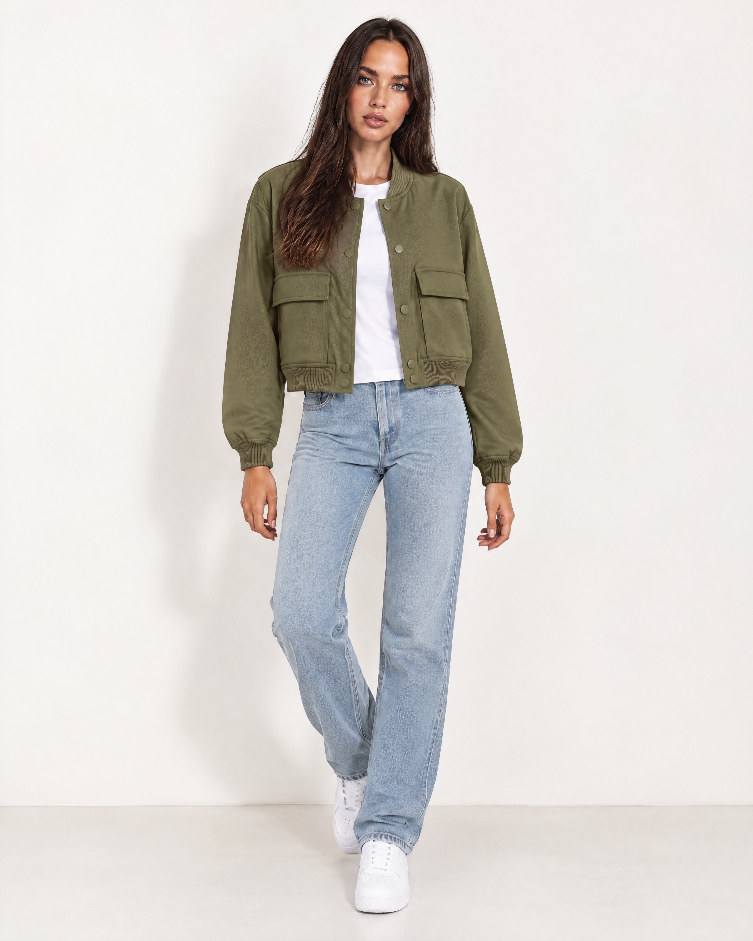 Olive Utility Bomber Jacket Cropped with Flap Pockets