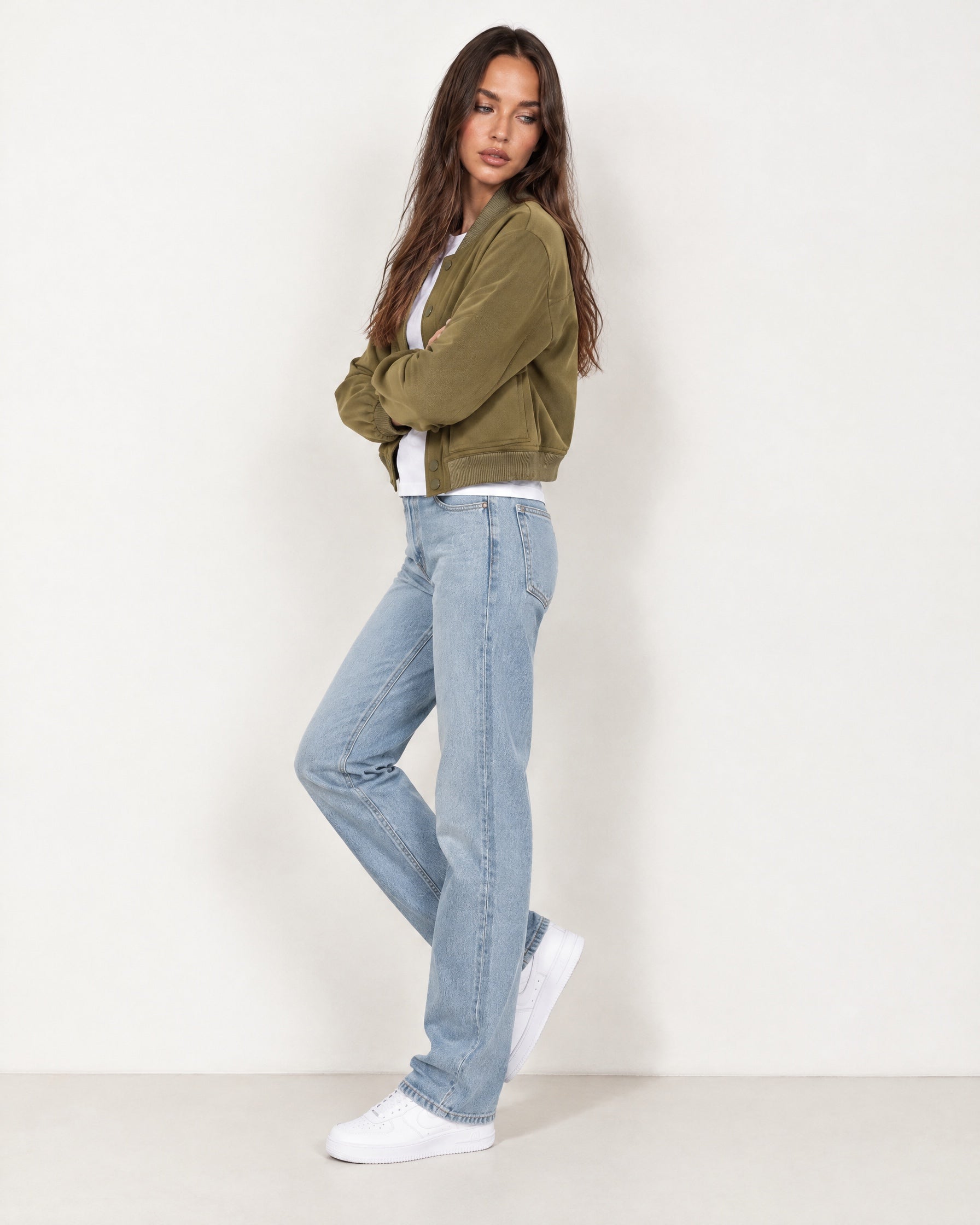 Olive Utility Bomber Jacket Cropped with Flap Pockets