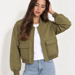 Olive Utility Bomber Jacket Cropped with Flap Pockets