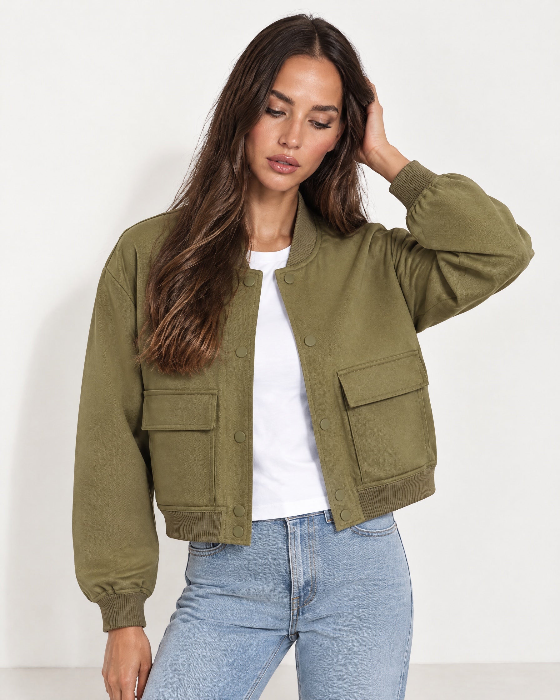 Olive Utility Bomber Jacket Cropped with Flap Pockets