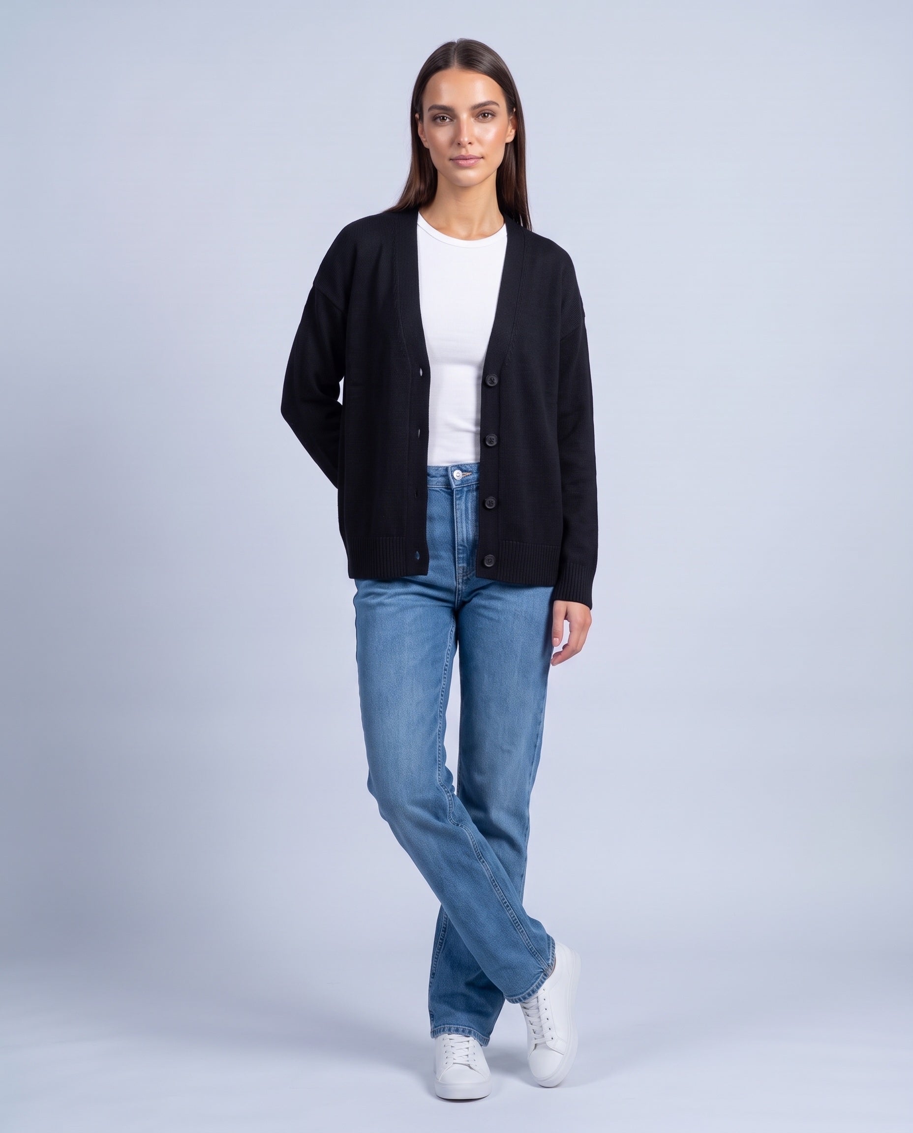 Black Knitted Cardigan V Neck Button Front Cardigan Relaxed Fit Chunky Knit