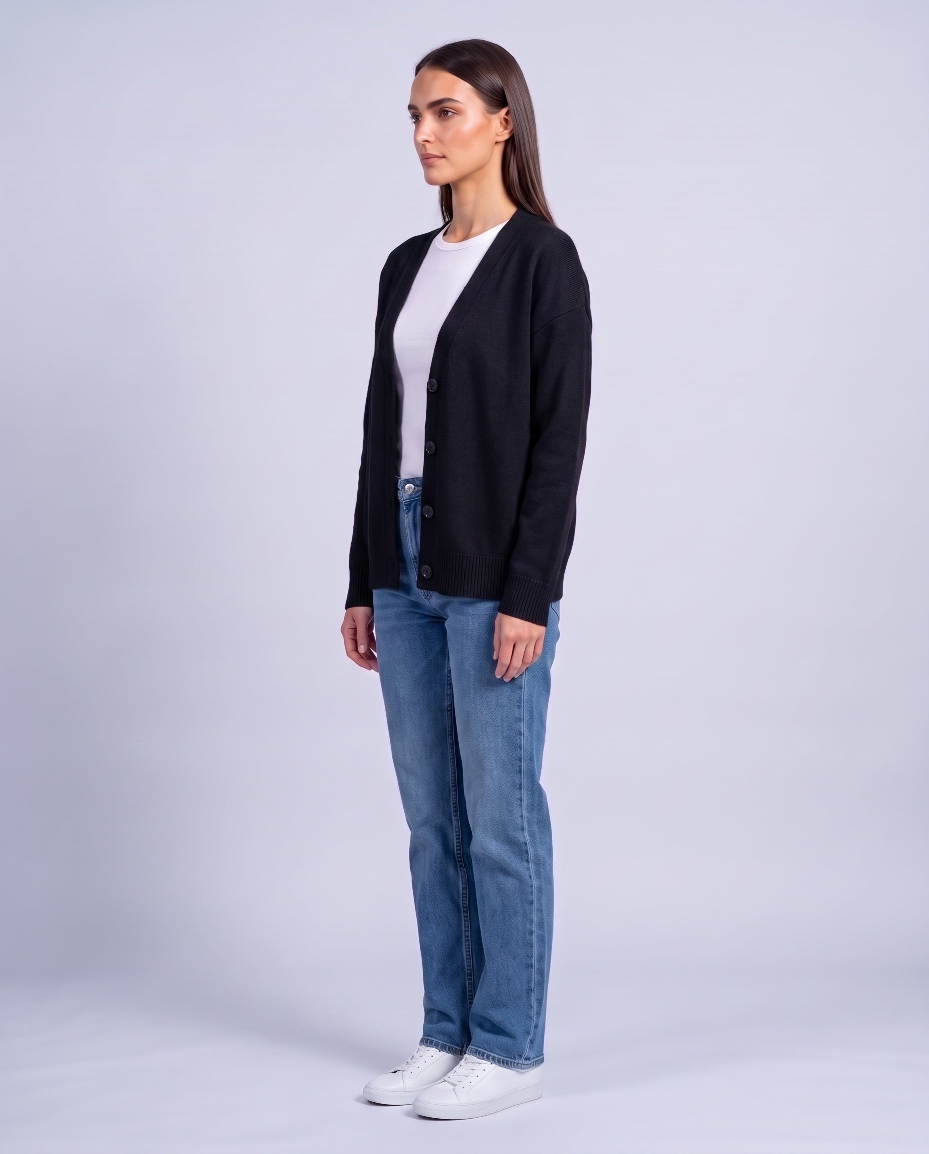 Black Knitted Cardigan V Neck Button Front Cardigan Relaxed Fit Chunky Knit