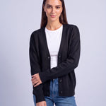Black Knitted Cardigan V Neck Button Front Cardigan Relaxed Fit Chunky Knit