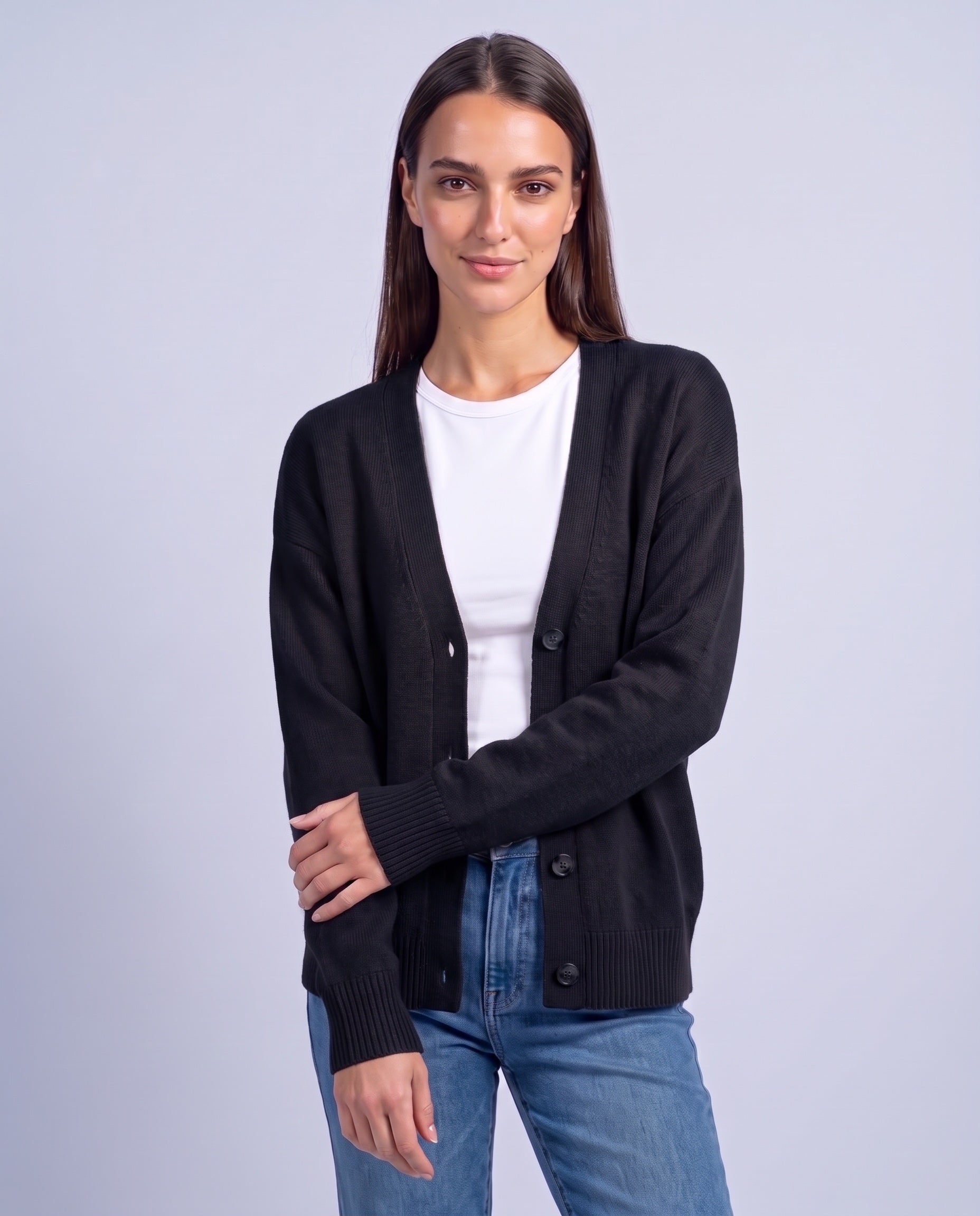 Black Knitted Cardigan V Neck Button Front Cardigan Relaxed Fit Chunky Knit
