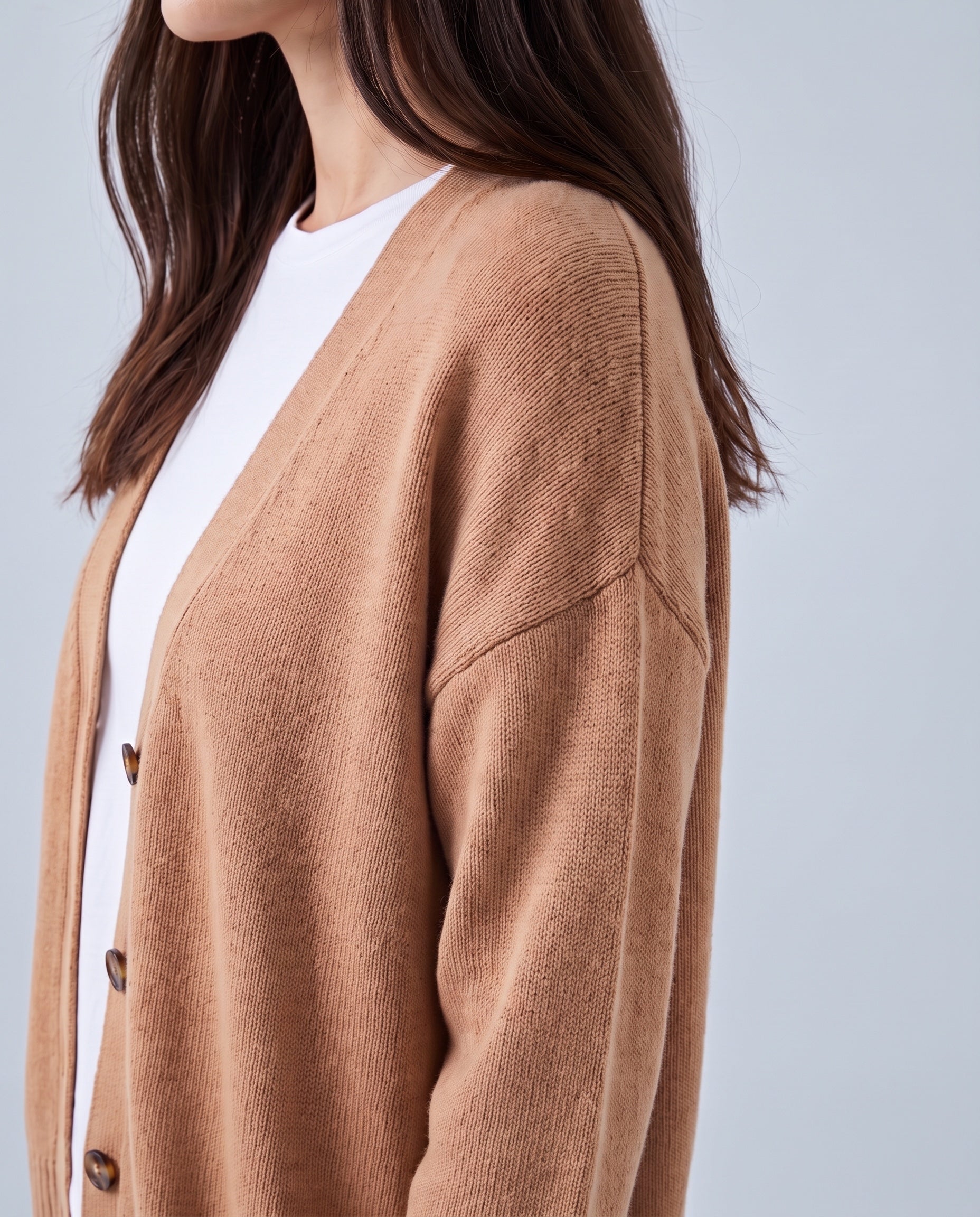 Caramel Knitted Cardigan V Neck Button Front Cardigan Relaxed Fit Chunky Knit