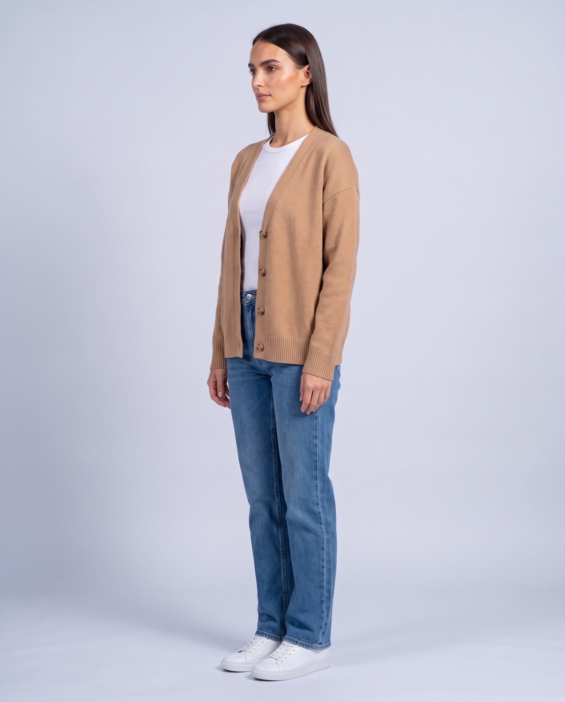 Caramel Knitted Cardigan V Neck Button Front Cardigan Relaxed Fit Chunky Knit