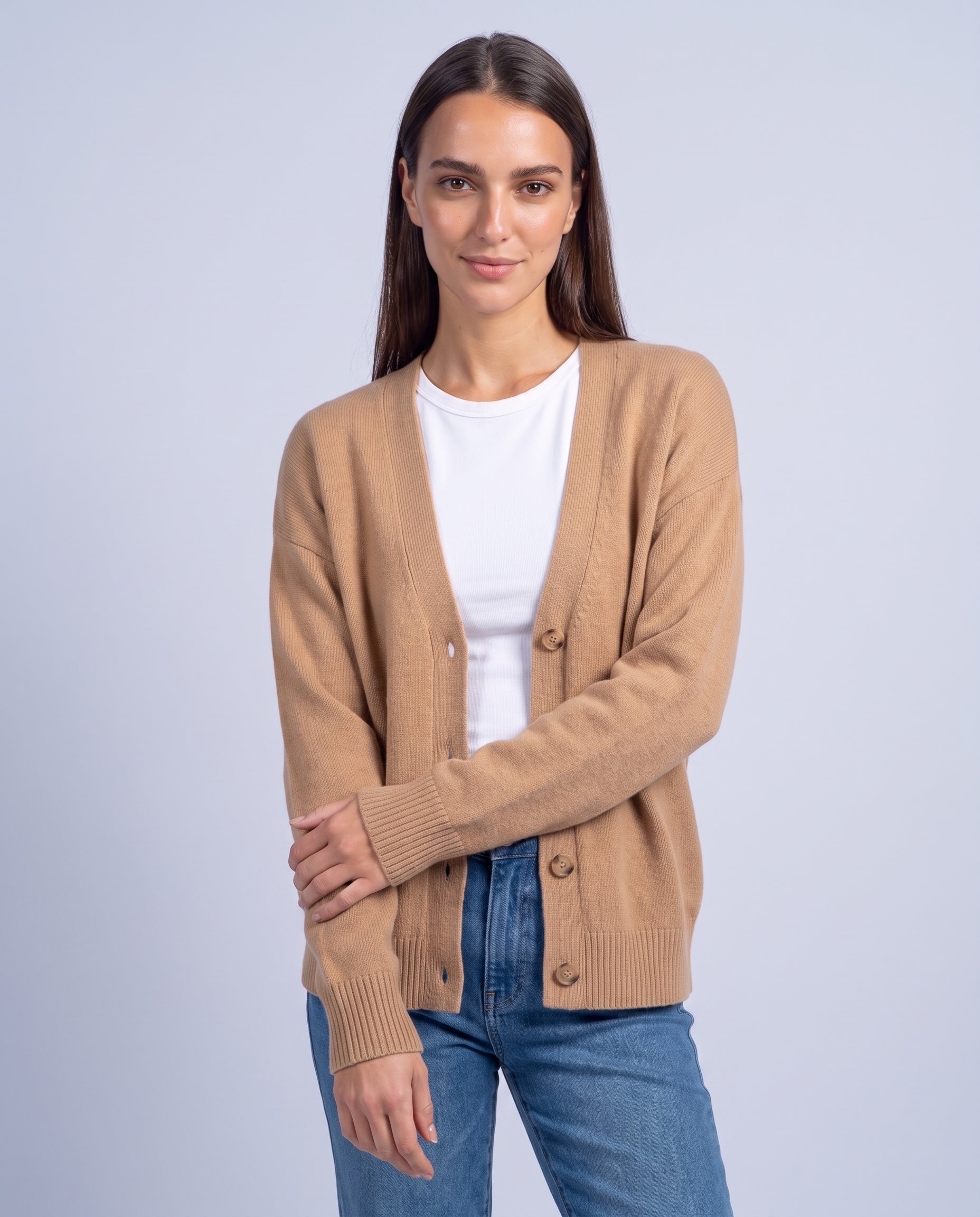 Caramel Knitted Cardigan V Neck Button Front Cardigan Relaxed Fit Chunky Knit