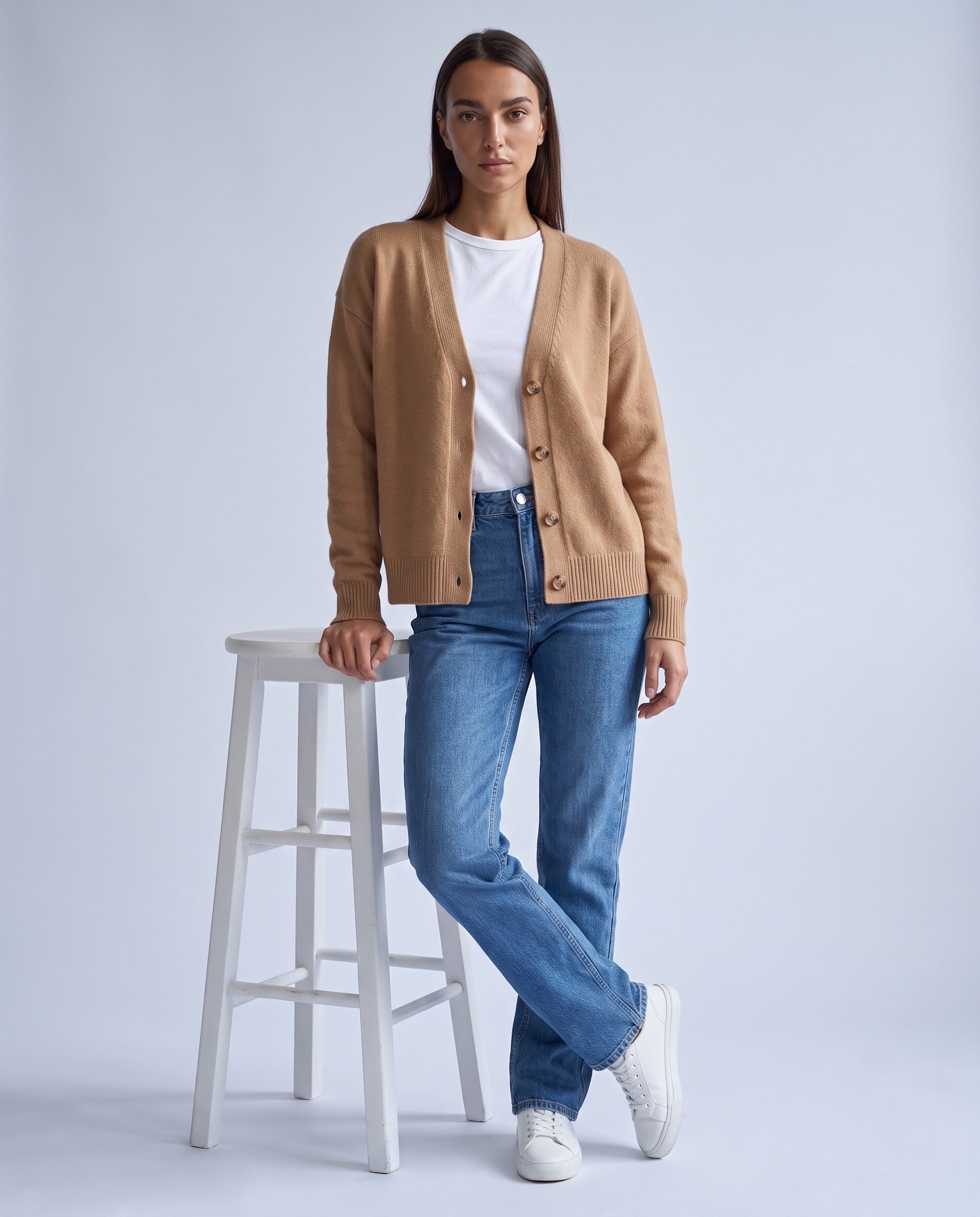 Caramel Knitted Cardigan V Neck Button Front Cardigan Relaxed Fit Chunky Knit