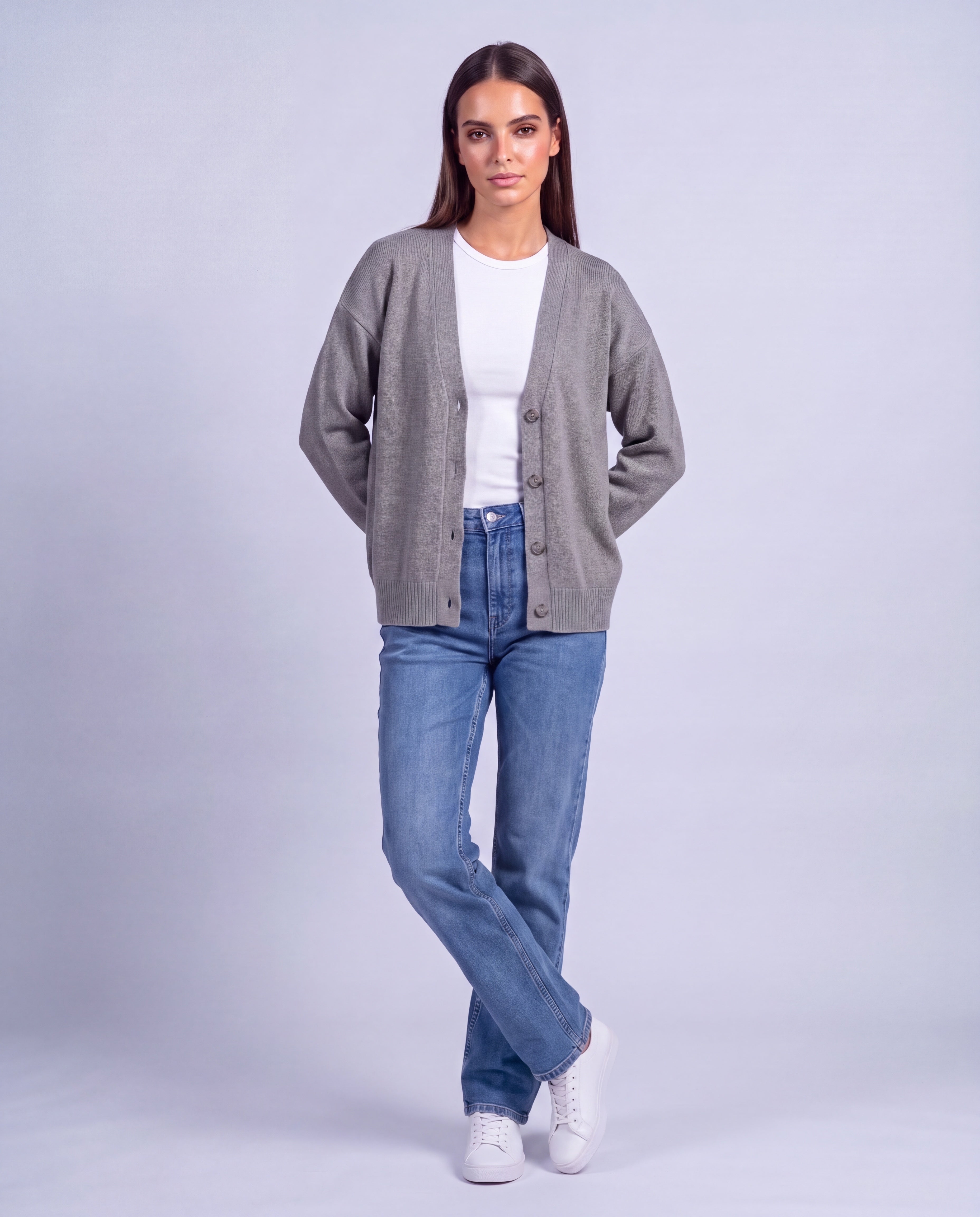 Gray Knitted Cardigan V Neck Button Front Cardigan Relaxed Fit Chunky Knit