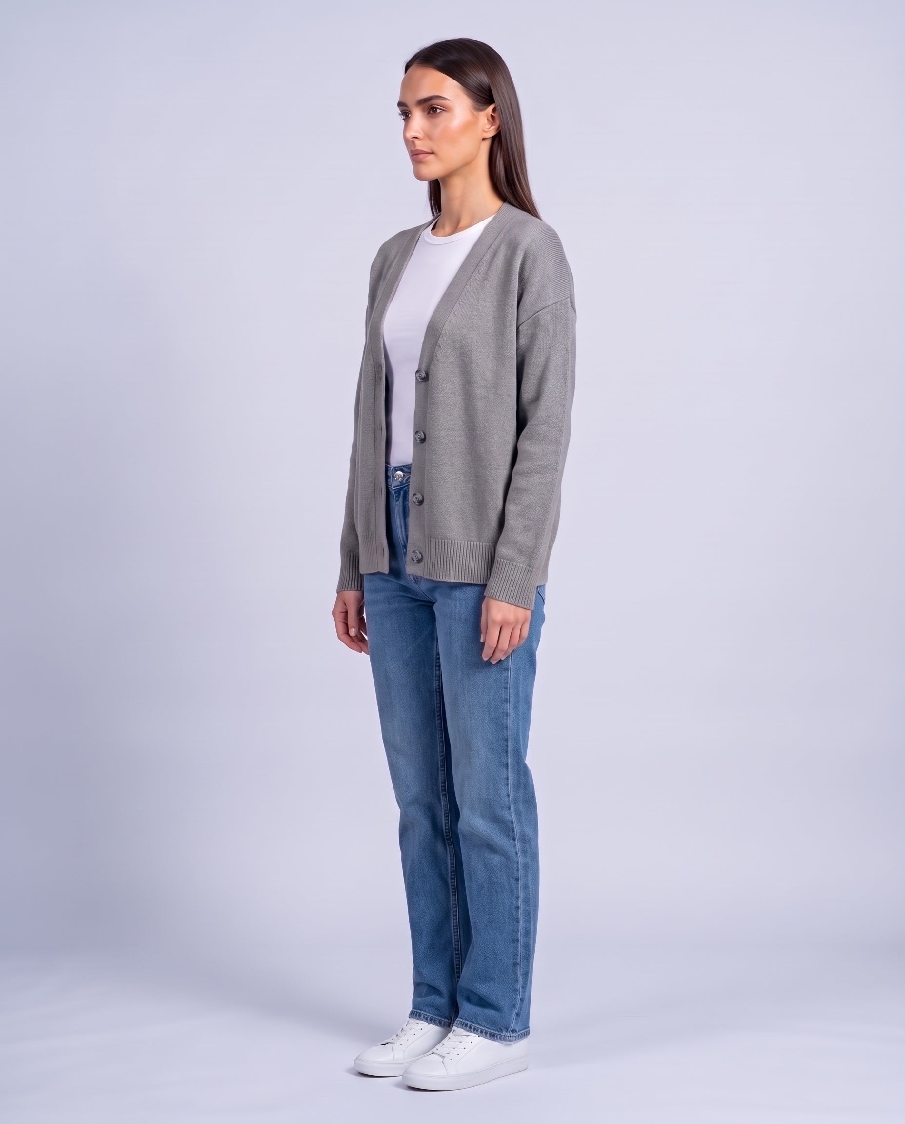 Gray Knitted Cardigan V Neck Button Front Cardigan Relaxed Fit Chunky Knit