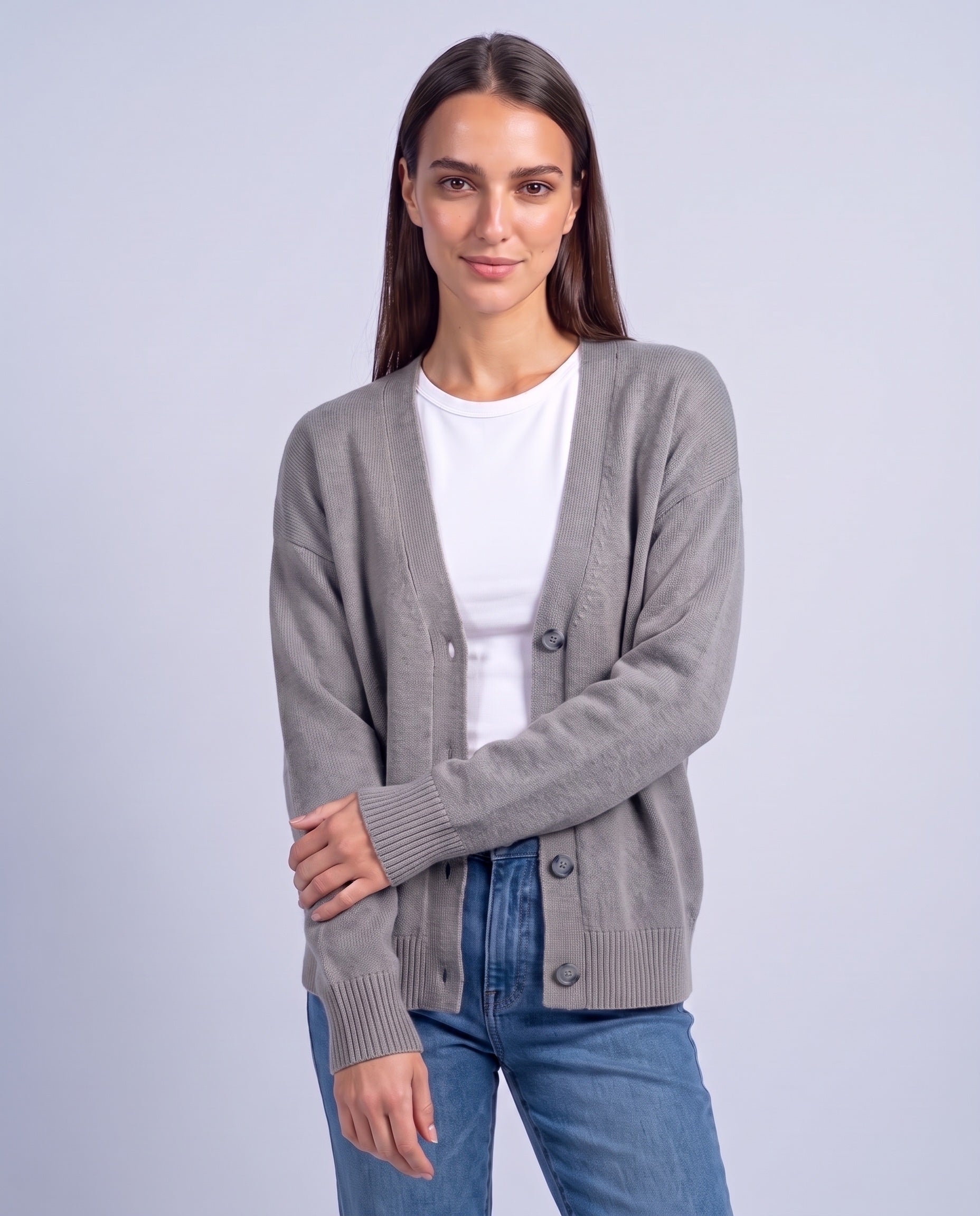 Gray Knitted Cardigan V Neck Button Front Cardigan Relaxed Fit Chunky Knit