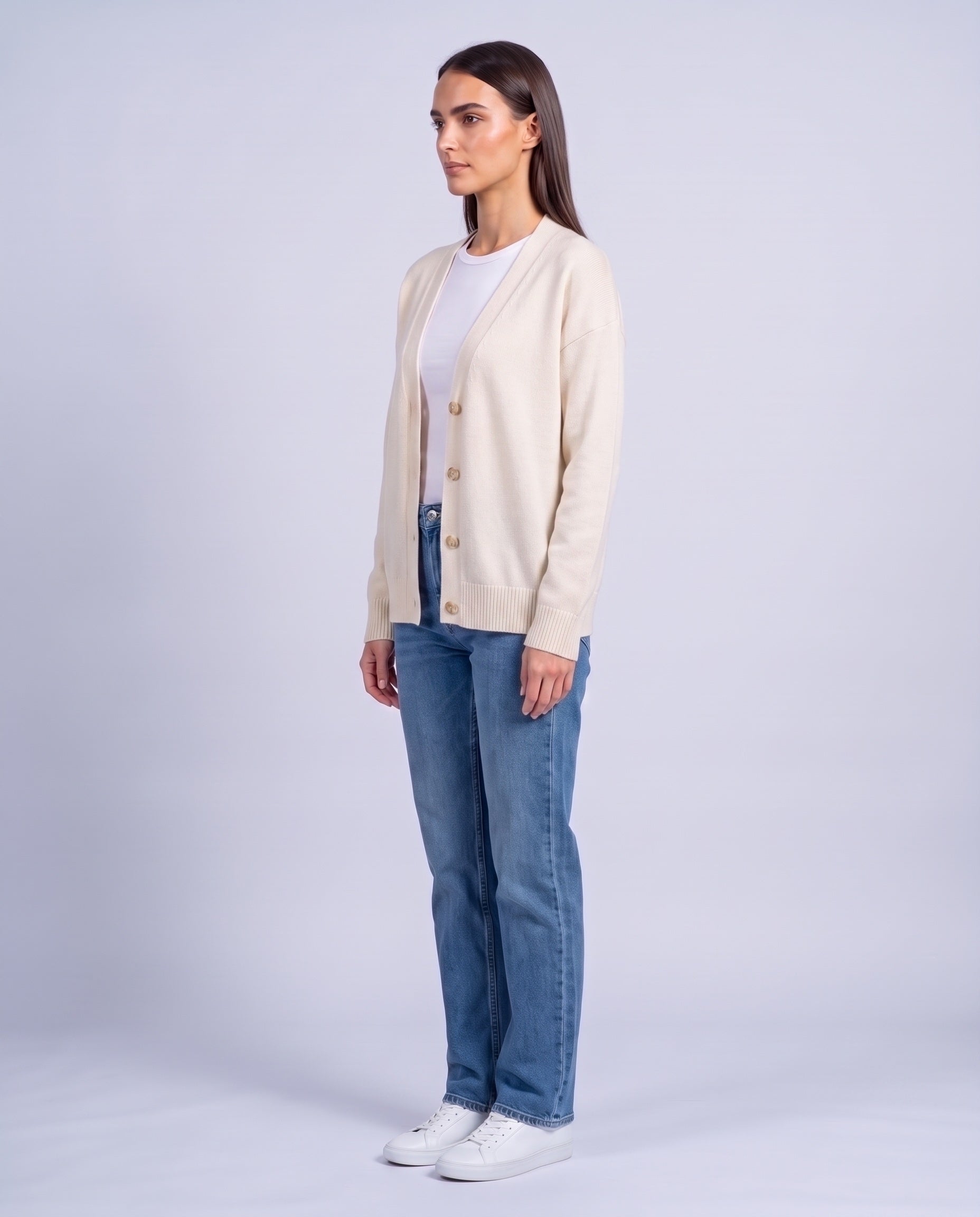 Ivory Knitted Cardigan V Neck Button Front Cardigan Relaxed Fit Chunky Knit