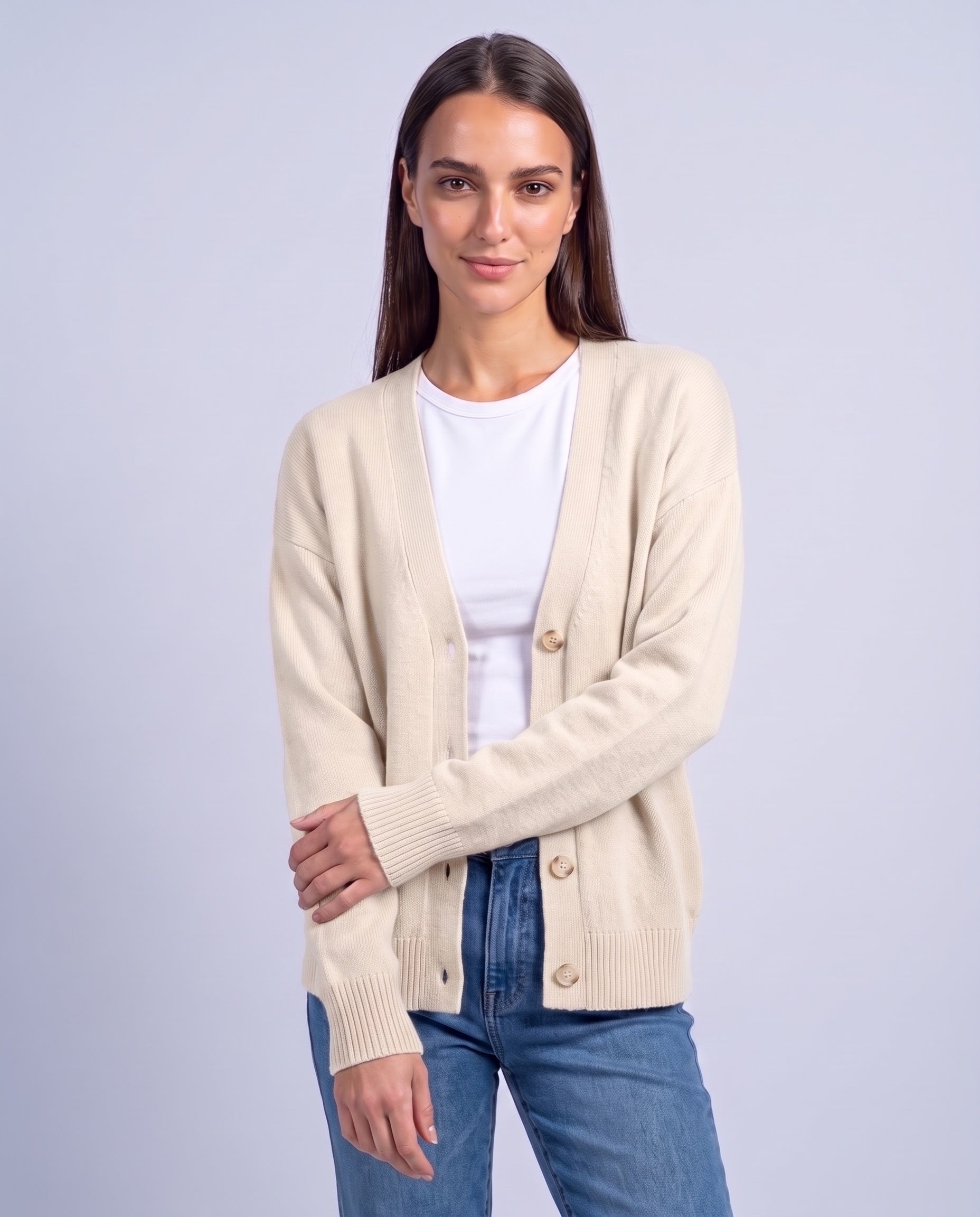Ivory Knitted Cardigan V Neck Button Front Cardigan Relaxed Fit Chunky Knit