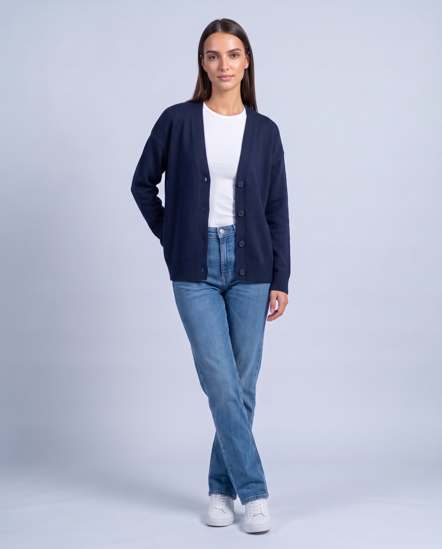 Navy Blue Knitted Cardigan V Neck Button Front Cardigan Relaxed Fit Chunky Knit