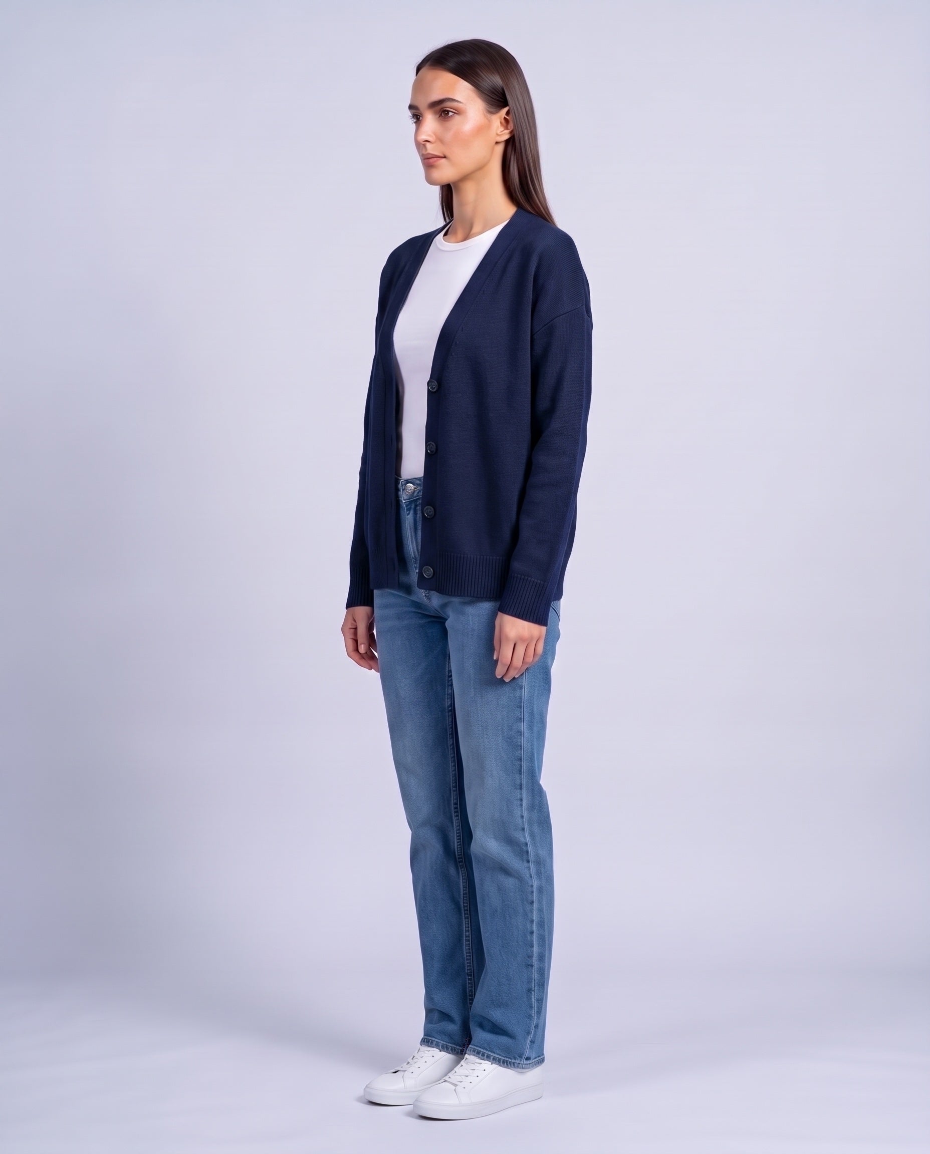 Navy Blue Knitted Cardigan V Neck Button Front Cardigan Relaxed Fit Chunky Knit