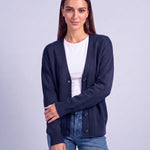 Navy Blue Knitted Cardigan V Neck Button Front Cardigan Relaxed Fit Chunky Knit