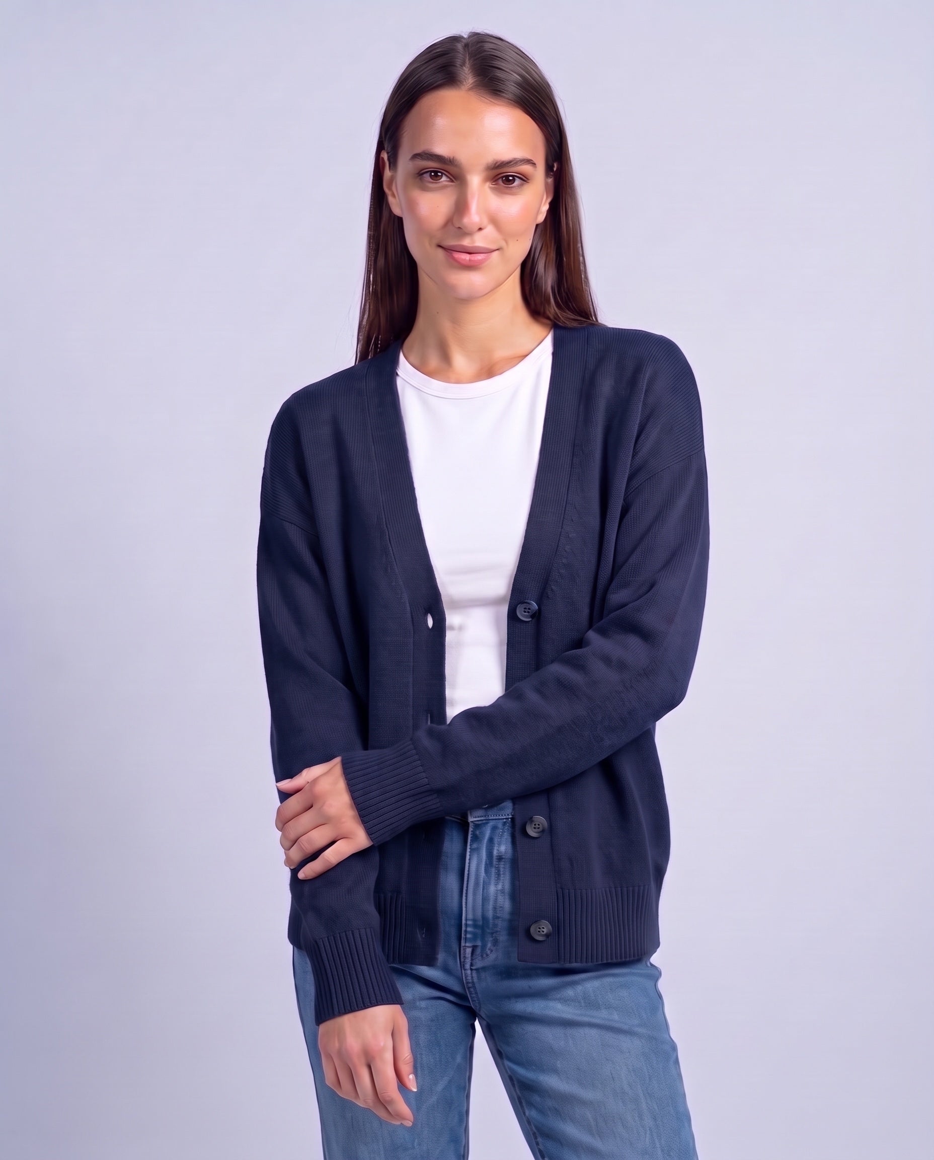 Navy Blue Knitted Cardigan V Neck Button Front Cardigan Relaxed Fit Chunky Knit