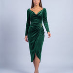 Velvet Dress Long Sleeve Cowl Neck Midi Dress with Ruched Waist and Split Hem - Green