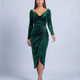 Velvet Dress Long Sleeve Cowl Neck Midi Dress with Ruched Waist and Split Hem - Green