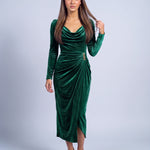 Velvet Dress Long Sleeve Cowl Neck Midi Dress with Ruched Waist and Split Hem - Green
