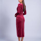 Velvet Dress Long Sleeve Cowl Neck Midi Dress with Ruched Waist and Split Hem - Red