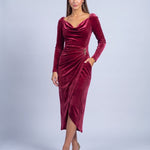 Velvet Dress Long Sleeve Cowl Neck Midi Dress with Ruched Waist and Split Hem - Red