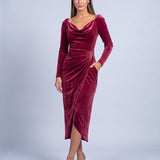 Velvet Dress Long Sleeve Cowl Neck Midi Dress with Ruched Waist and Split Hem - Red