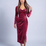 Velvet Dress Long Sleeve Cowl Neck Midi Dress with Ruched Waist and Split Hem - Red