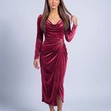 Velvet Dress Long Sleeve Cowl Neck Midi Dress with Ruched Waist and Split Hem - Red