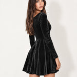Black Velvet Skater Dress Long Sleeve Scoop Neck