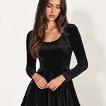 Black Velvet Skater Dress Long Sleeve Scoop Neck