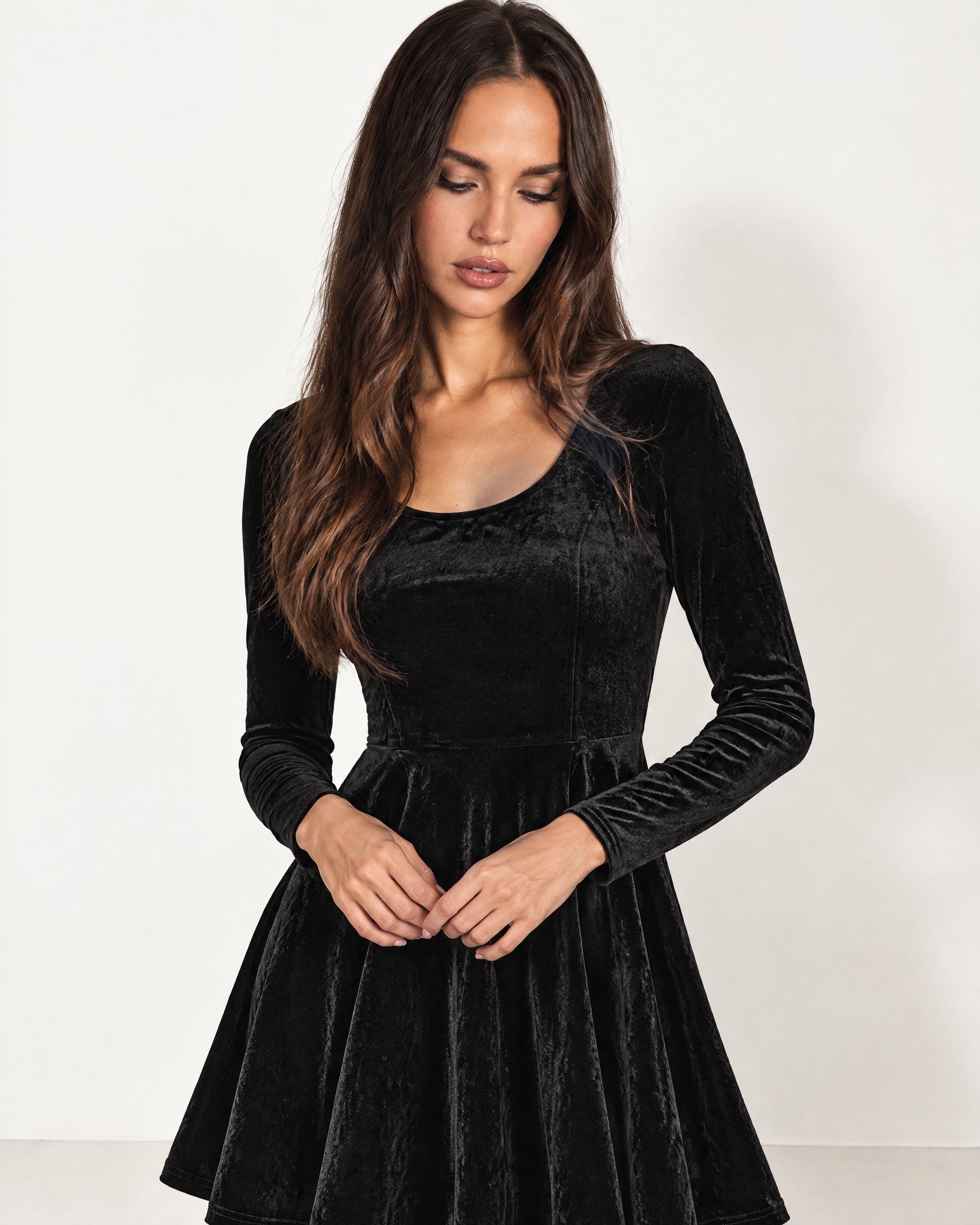 Black Velvet Skater Dress Long Sleeve Scoop Neck