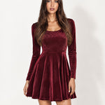 Burgundy Velvet Skater Dress Long Sleeve Scoop Neck