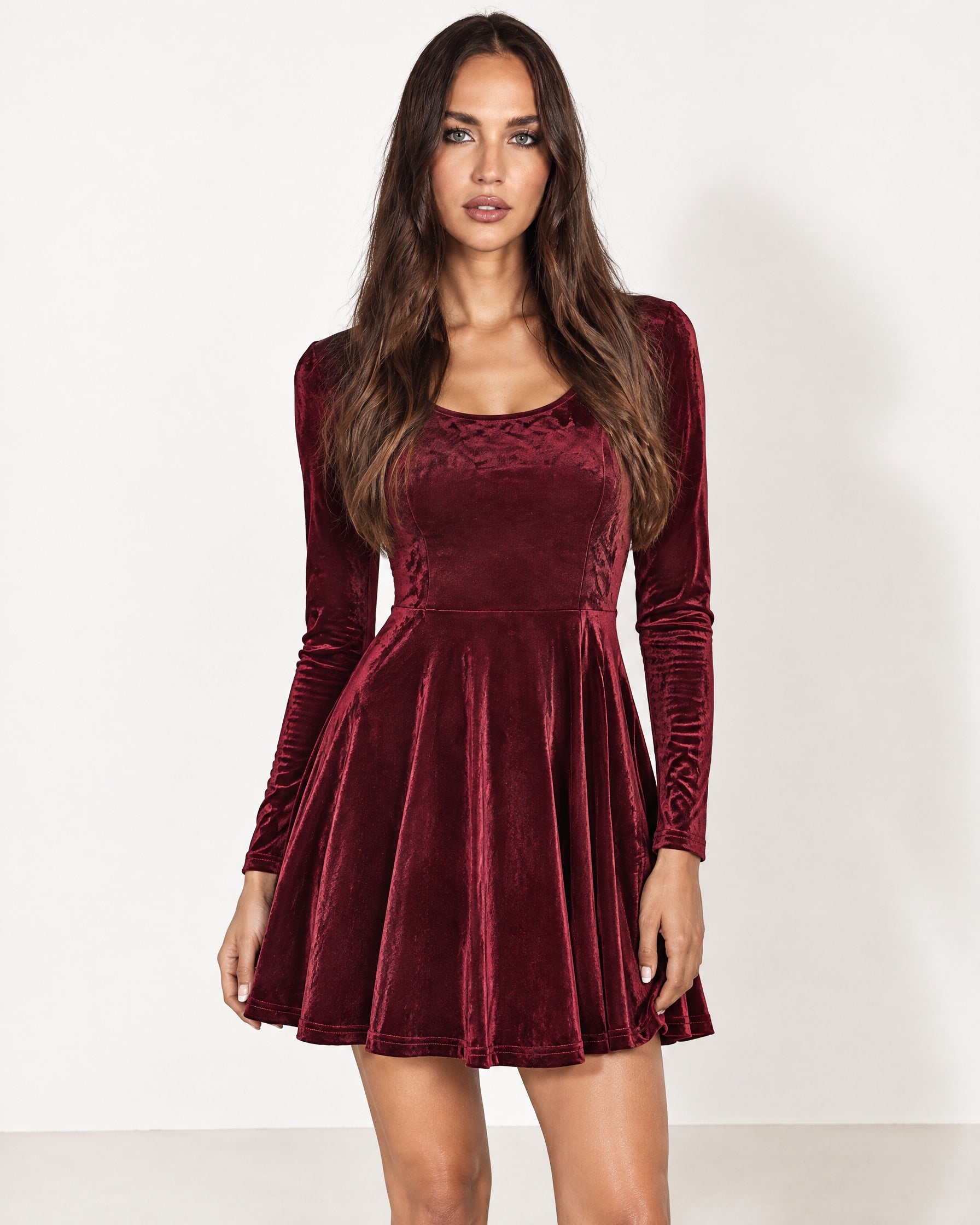 Burgundy Velvet Skater Dress Long Sleeve Scoop Neck