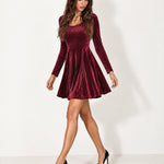 Burgundy Velvet Skater Dress Long Sleeve Scoop Neck