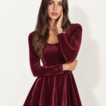 Burgundy Velvet Skater Dress Long Sleeve Scoop Neck