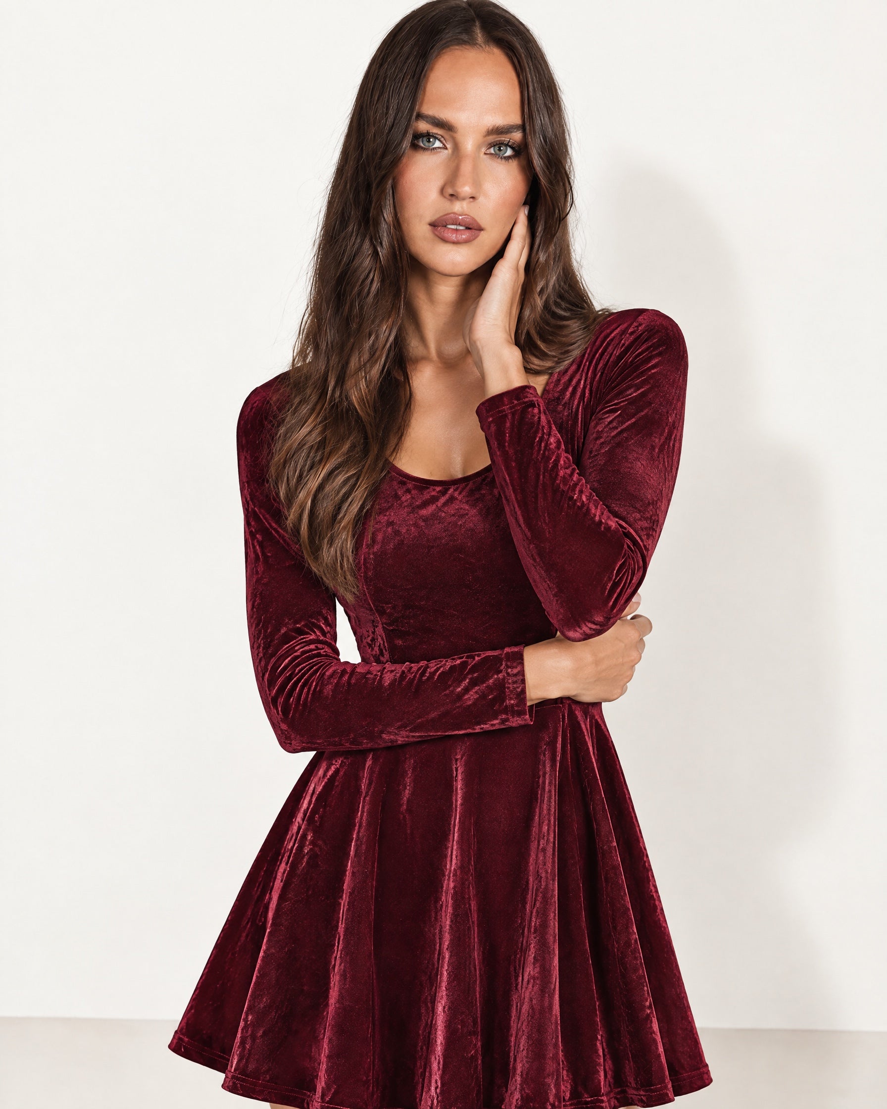 Burgundy Velvet Skater Dress Long Sleeve Scoop Neck