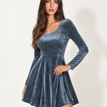 Dusty Blue Velvet Skater Dress Long Sleeve Scoop Neck