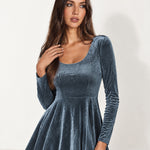 Dusty Blue Velvet Skater Dress Long Sleeve Scoop Neck