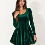 Green Velvet Skater Dress Long Sleeve Scoop Neck