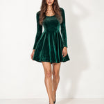 Green Velvet Skater Dress Long Sleeve Scoop Neck