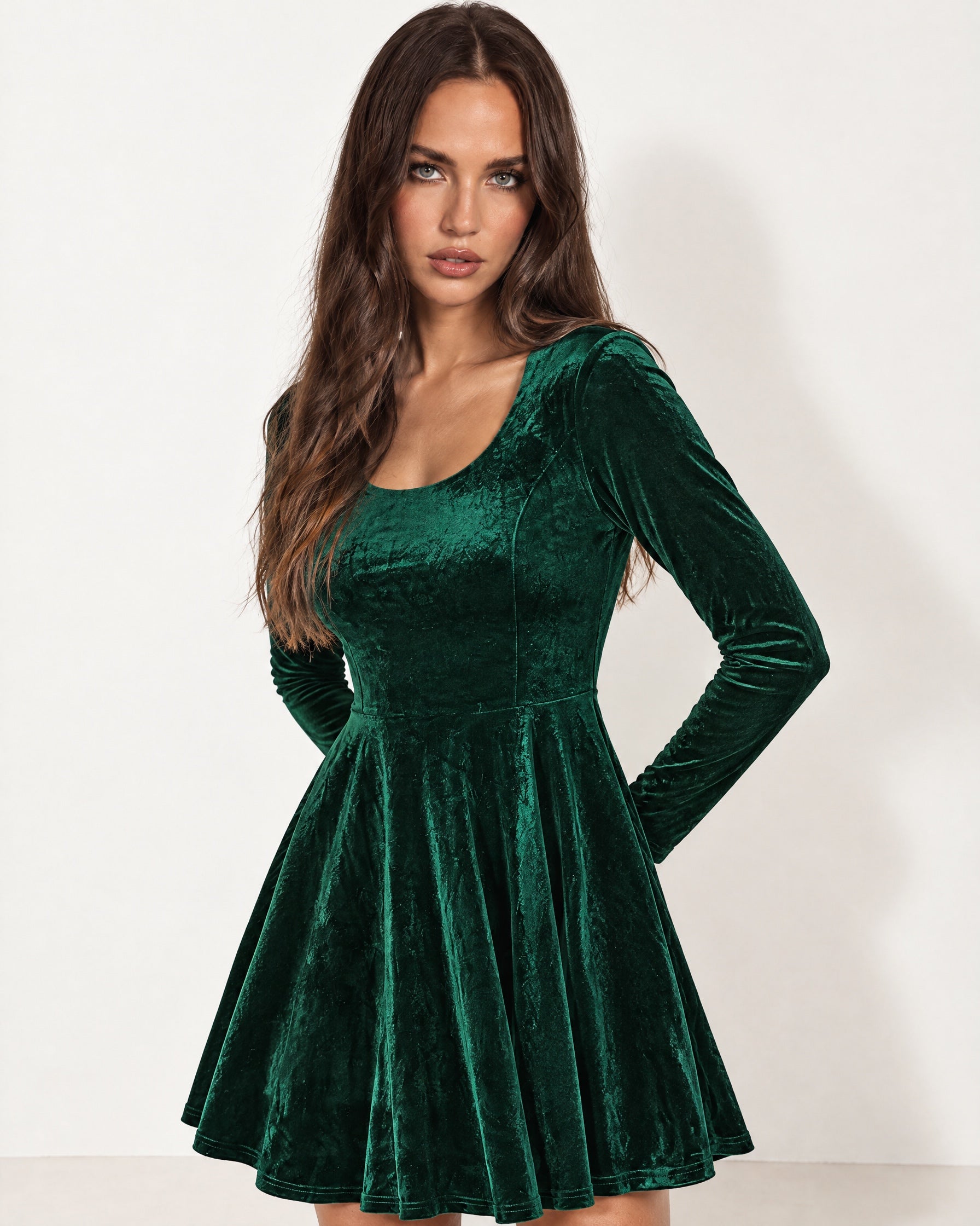 Green Velvet Skater Dress Long Sleeve Scoop Neck