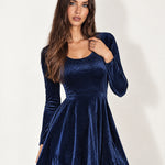 Navy Velvet Skater Dress Long Sleeve Scoop Neck