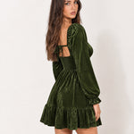 Olive Green Velvet Dress Mini Tiered with Puff Sleeves