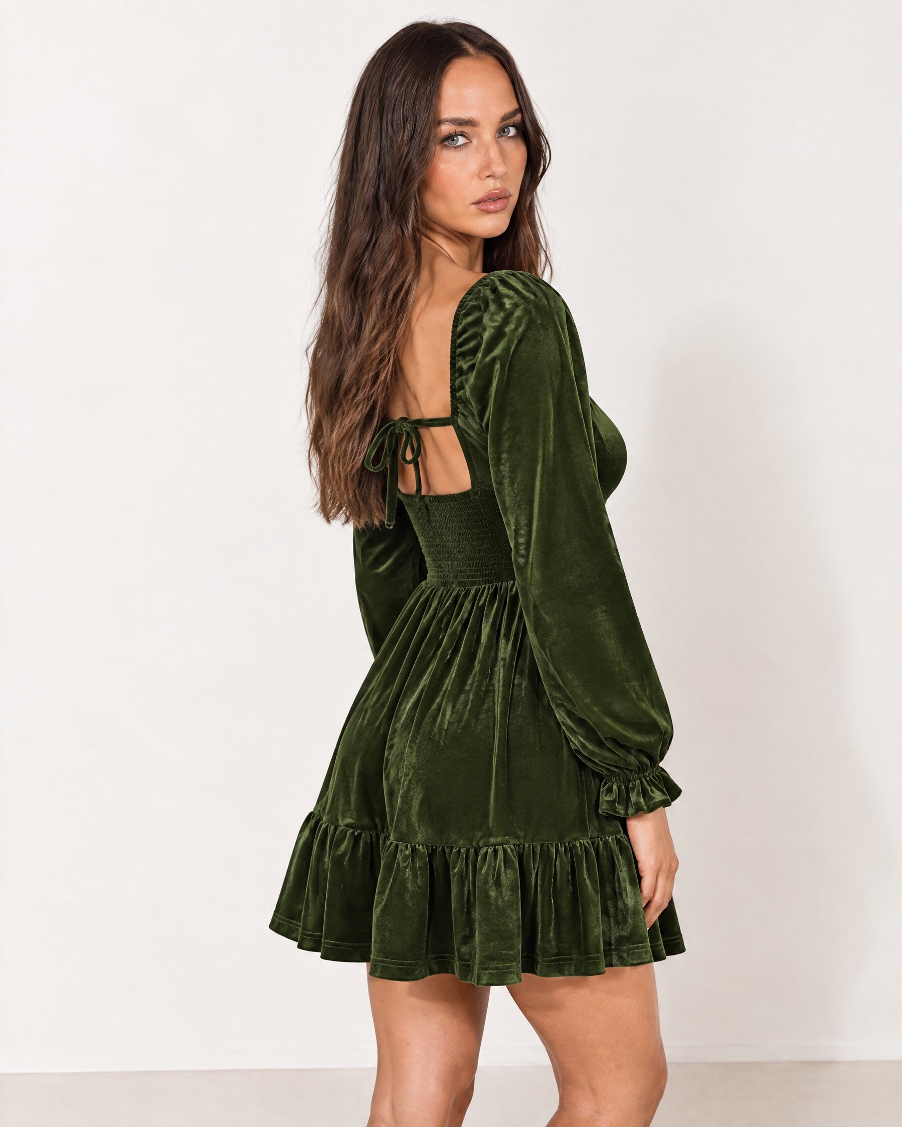 Olive Green Velvet Dress Mini Tiered with Puff Sleeves