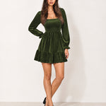 Olive Green Velvet Dress Mini Tiered with Puff Sleeves