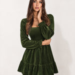Olive Green Velvet Dress Mini Tiered with Puff Sleeves