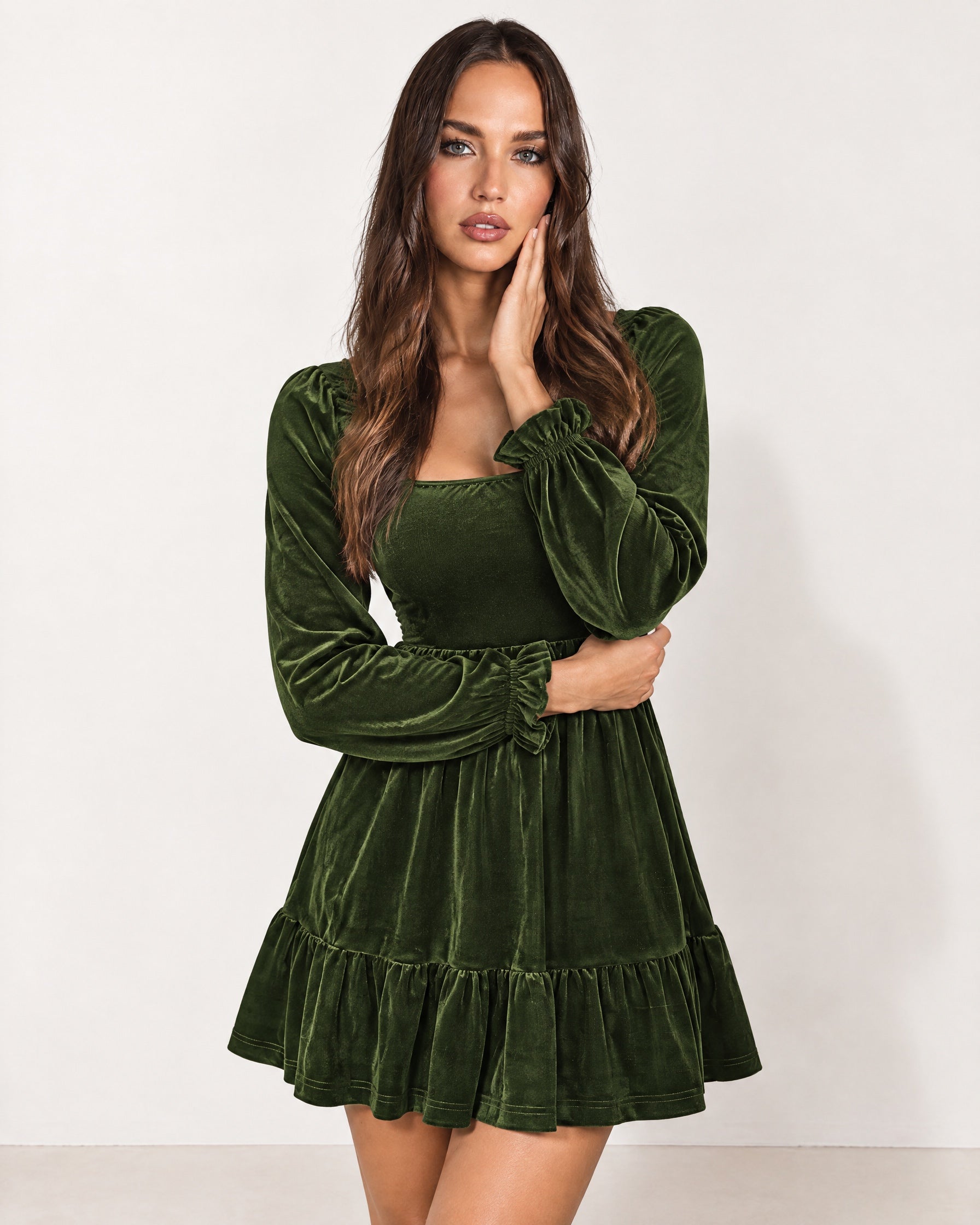 Olive Green Velvet Dress Mini Tiered with Puff Sleeves