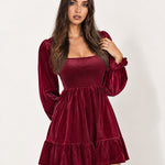 Wine Red Velvet Dress Mini Tiered with Puff Sleeves